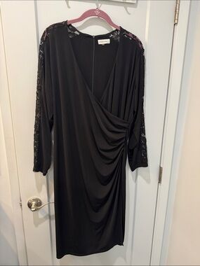 Calvin Klein Black Faux-Wrap Dress with Lace Sleeves